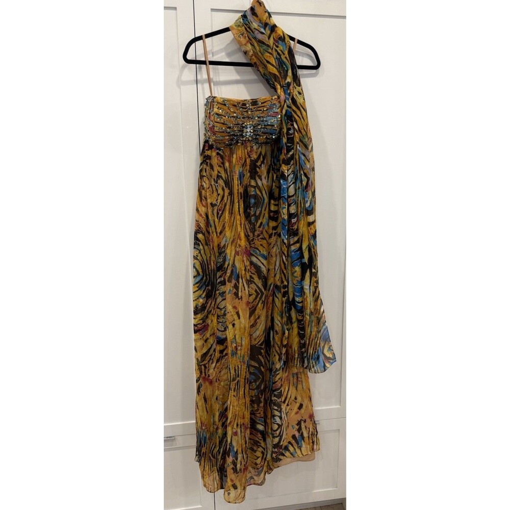 Jovani Multicolor Watercolor Beaded Silk Pleated Prom Party Dress Gown Size 8